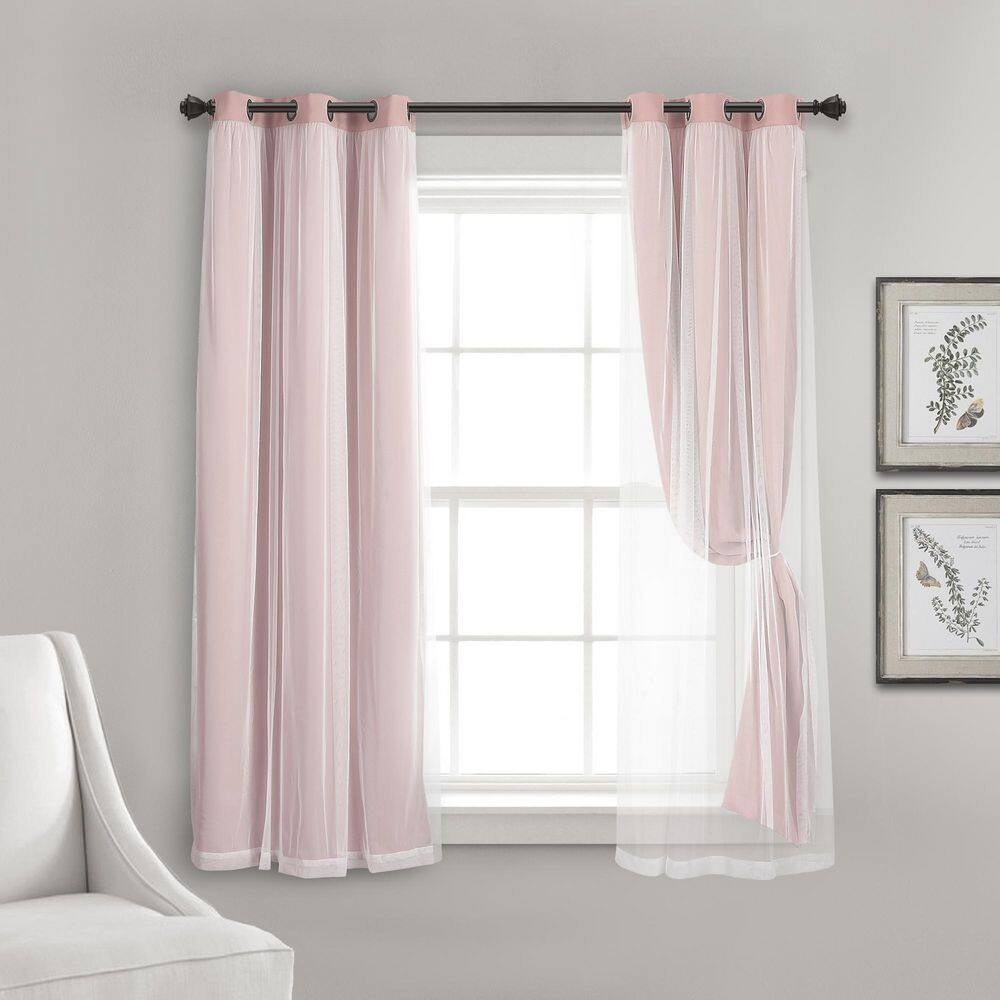 Pink Polyester Blackout Grommet Window Panels with Sheer Overlay