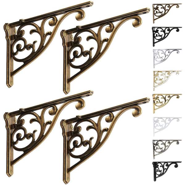 NVNOO 8 in. Antique Brass Vintage Metal Shelf Bracket Victorian Wall Bracket, Antique Brass (4-Pack)
