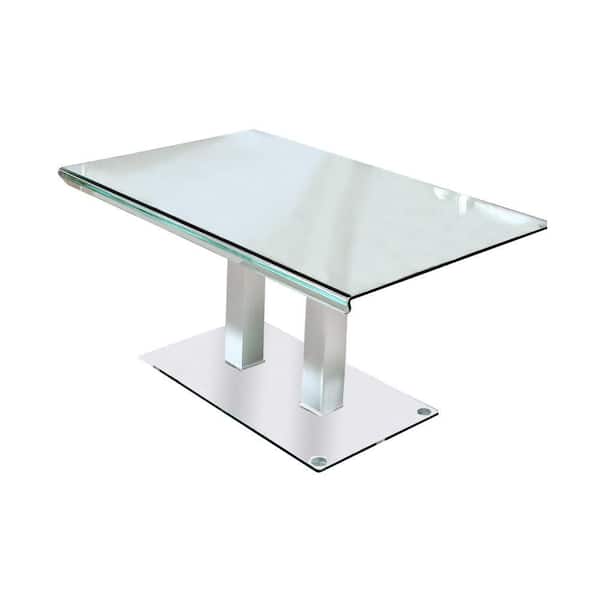 Benjara Chrome Glass Rectangle 35.63 in. Pedestal Base Dining Table Seats 4