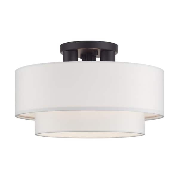 Livex Lighting Manorwood 3-Light Bronze Semi Flush Mount with Off-White Fabric Shade