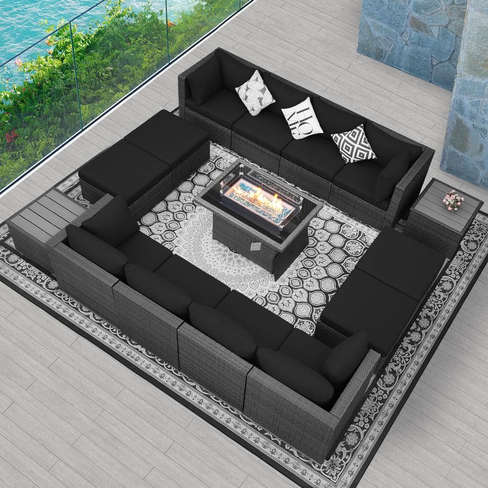 Gray 15-Piece 12-Seats Wicker Patio Fire Pit Sofa Set with Black Cushions Ottomans and Coffee Tables price history on PriceWatchPro