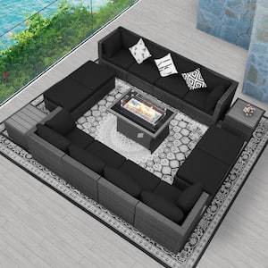 Gray 15-Piece 12-Seats Wicker Patio Fire Pit Sofa Set with Black Cushions Ottomans and Coffee Tables
