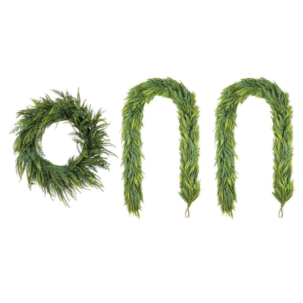 25 in. D Christmas Greenery Mixed PE Dripping Wreath with Pinecones and Matched 9ft Garland Set (Set of 3) price history on PriceWatchPro