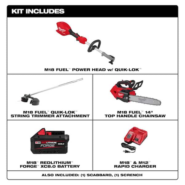 M18 FUEL 14 in. Top Handle 18V Battery Powered Brushless Cordless Chainsaw w/ String Trimmer, 8.0 Ah Battery, Charger