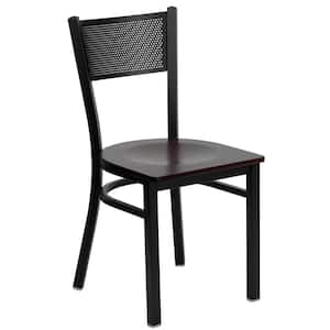 Hercules Series Black Grid Back Metal Restaurant Chair with Mahogany Wood Seat