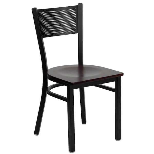 Flash Furniture Hercules Series Black Grid Back Metal Restaurant Chair with Mahogany Wood Seat