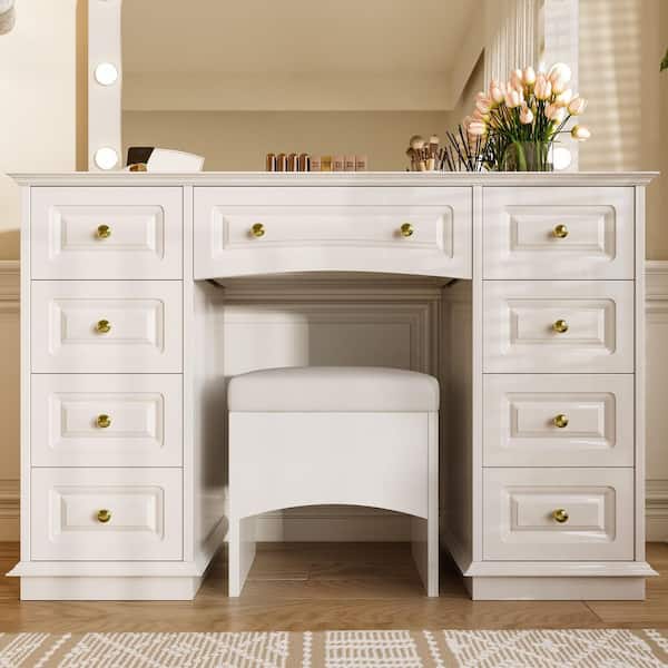 2-Piece White Makeup Vanity Set with Lighted Mirror, Cushioned Stool and 9-Storage Drawers