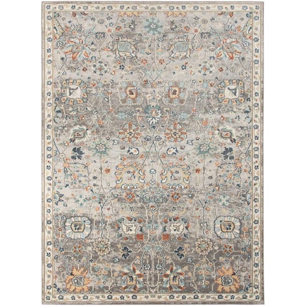 Bohemian 9x12 Area Rug Gray Polypropylene Rectangle Low Pile Floral Pattern Rugs for Living Room Dining Room Bedroom