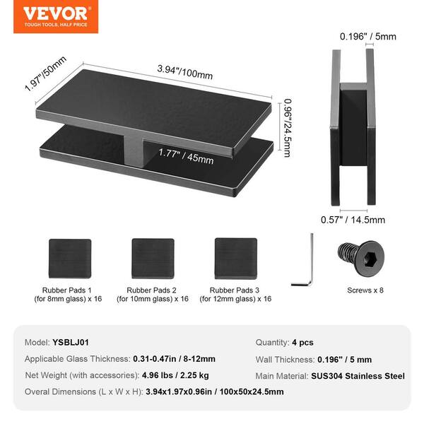 VEVOR Glass Clamp 4-PCS Railing Bracket 0.8 in. H x 2 in. W Black 304 Stainless Steel for 0.31 to 0.47 in. Stair Railing Kit