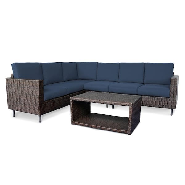 Leisure Made Draper 5-Pieces Wicker Outdoor Sectional with Sunbrella Navy Cushions