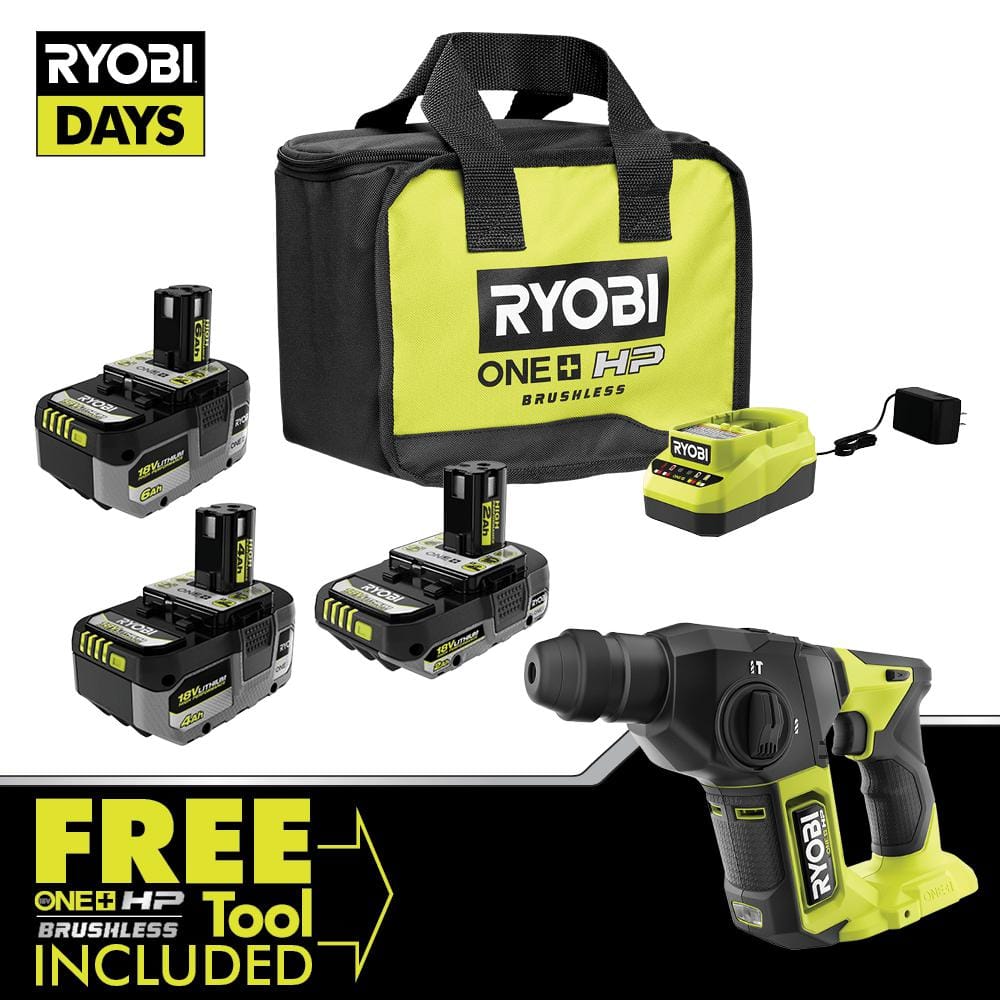RYOBI ONE+ 18V Lithium-Ion 2.0 Ah, 4.0 Ah, and 6.0 Ah HIGH PERFORMANCE Batteries & Charger Kit w/ HP Brushless Rotary Hammer