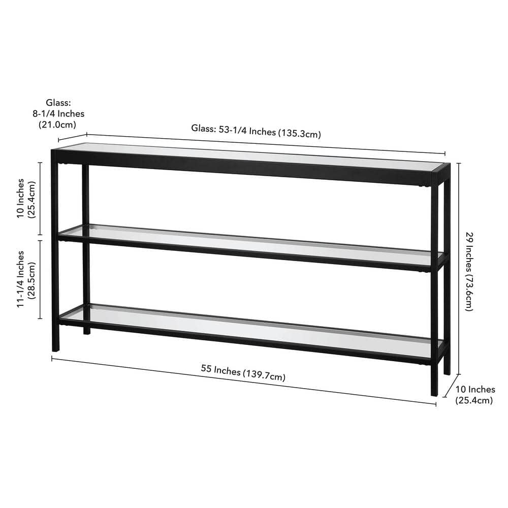 Modern Blackened Bronze and Glass Console Table with Dual Shelves
