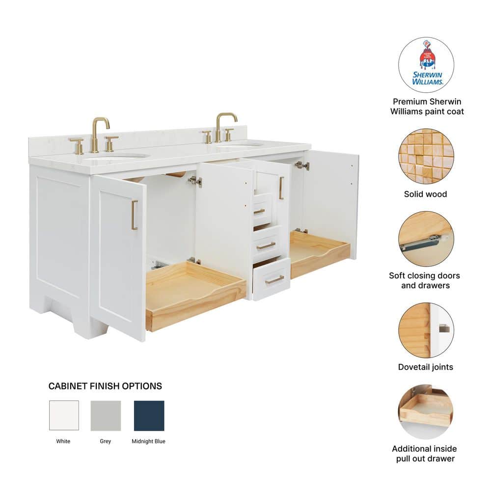 Taylor 72" White Freestanding Double Basin Vanity with Gold Hardware