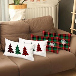 Decorative Christmas Tree and Plaid Throw Pillow Lumbar 12 in. x 20 in. White and Red for Couch, Bedding (Set of 4)