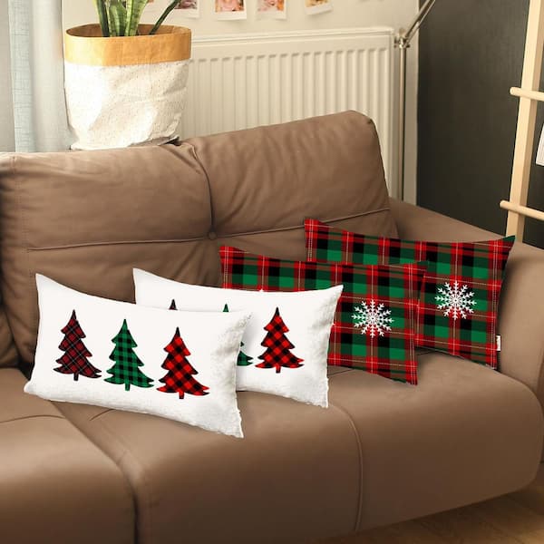 MIKE & Co. NEW YORK Decorative Christmas Tree and Plaid Throw Pillow Lumbar 12 in. x 20 in. White and Red for Couch, Bedding (Set of 4)