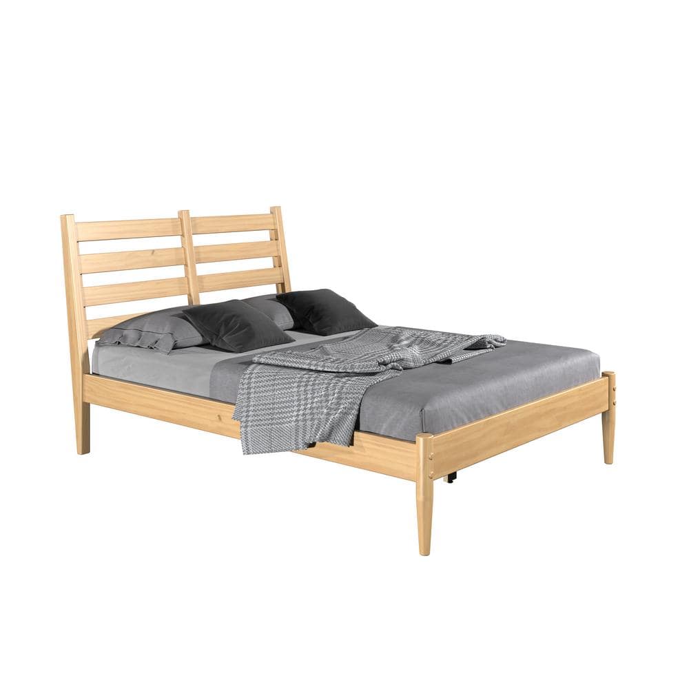 Mid-Century Queen Platform Bed with Slatted Pine Wood Headboard