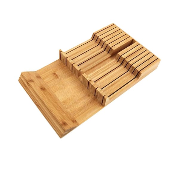 12-Knife In-Drawer Bamboo Knife Drawer Organizer Knife Block with Space for Sharpening Steel for Kitchen Drawer Storage