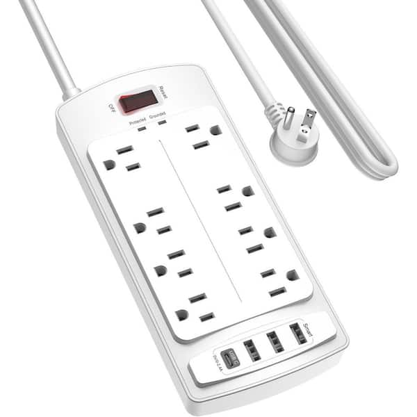 Yichuhaoxi 10 ft. Cord Flat Plug 8-Outlets Surge Protector Power Strip Tower with 3-USB-A and 1-USB-C Ports, 2700-Joules in White