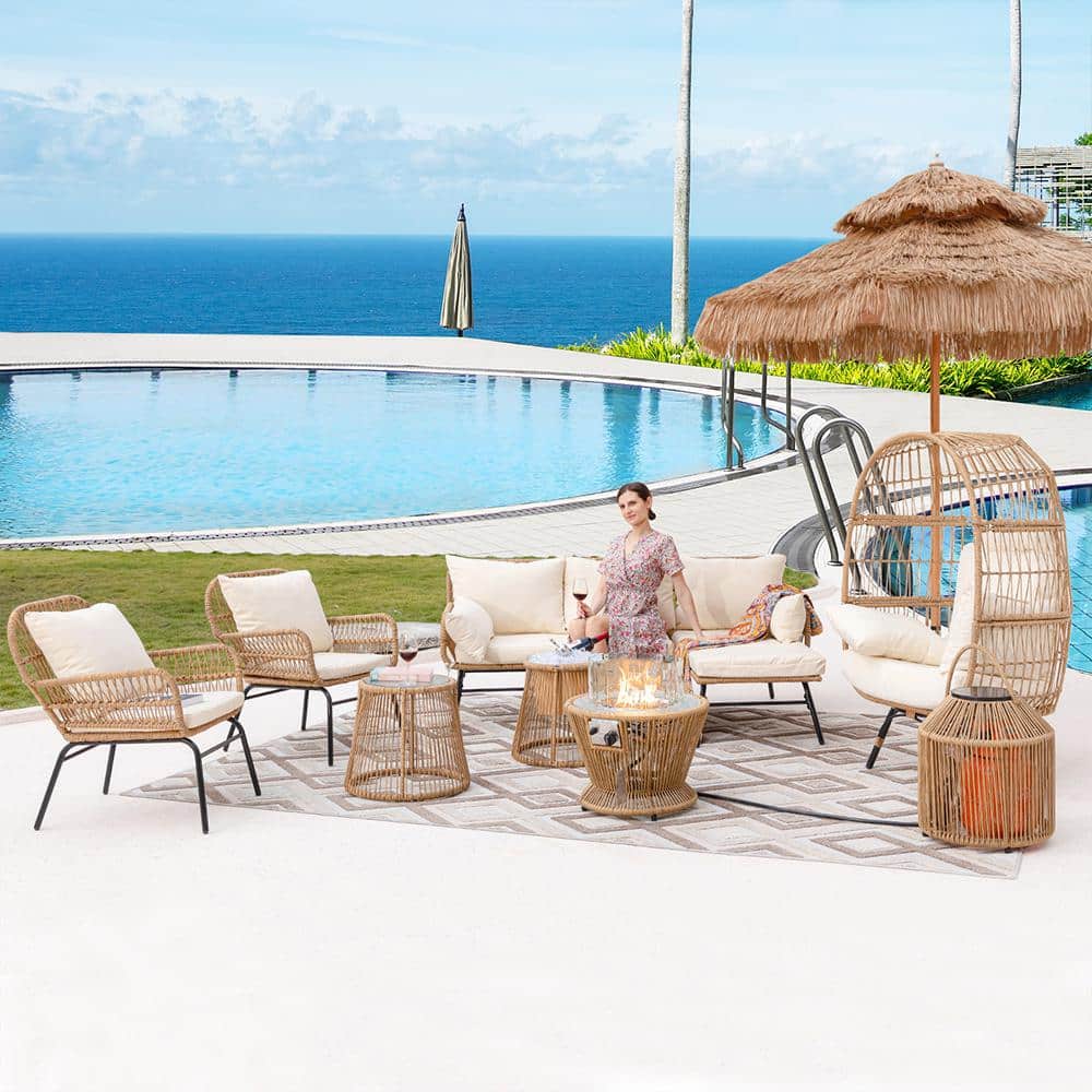 Boho 8-Piece Natural Wicker Patio Conversation Chair Set with Egg Chair and Firepit Table and Beige Cushions price history on PriceWatchPro