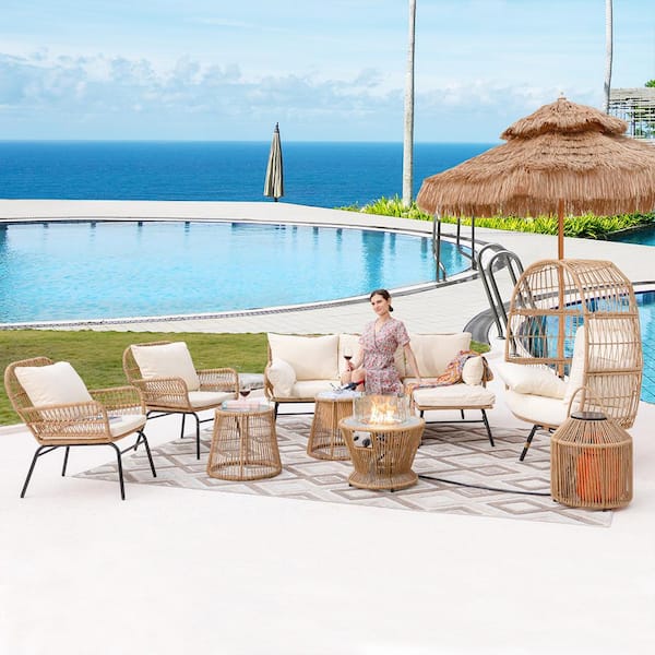 FINCATI Boho 8-Piece Natural Wicker Patio Conversation Chair Set with Egg Chair and Firepit Table and Beige Cushions