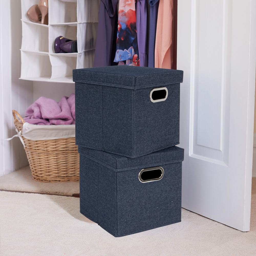 Denim Blue Cotton Blend Collapsible Cube Storage Box with Metal Handles