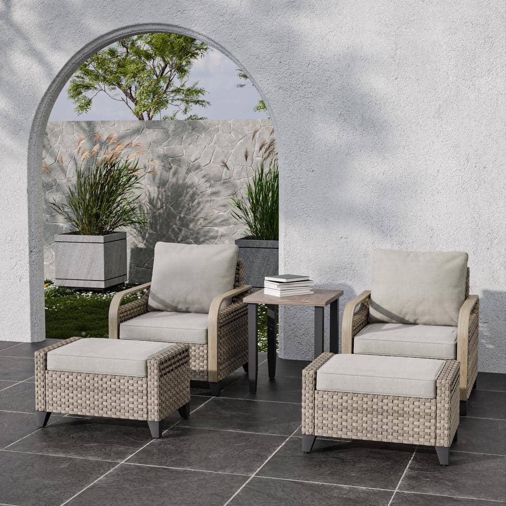 5-Piece Brown Steel Wicker Patio Set with Gray Cushions