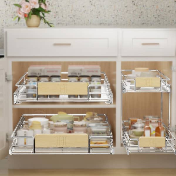 HOMEIBRO Space Saver Silver Metal Pull-Out Organizer for Kitchen Wooden Handle Slide Out Storage