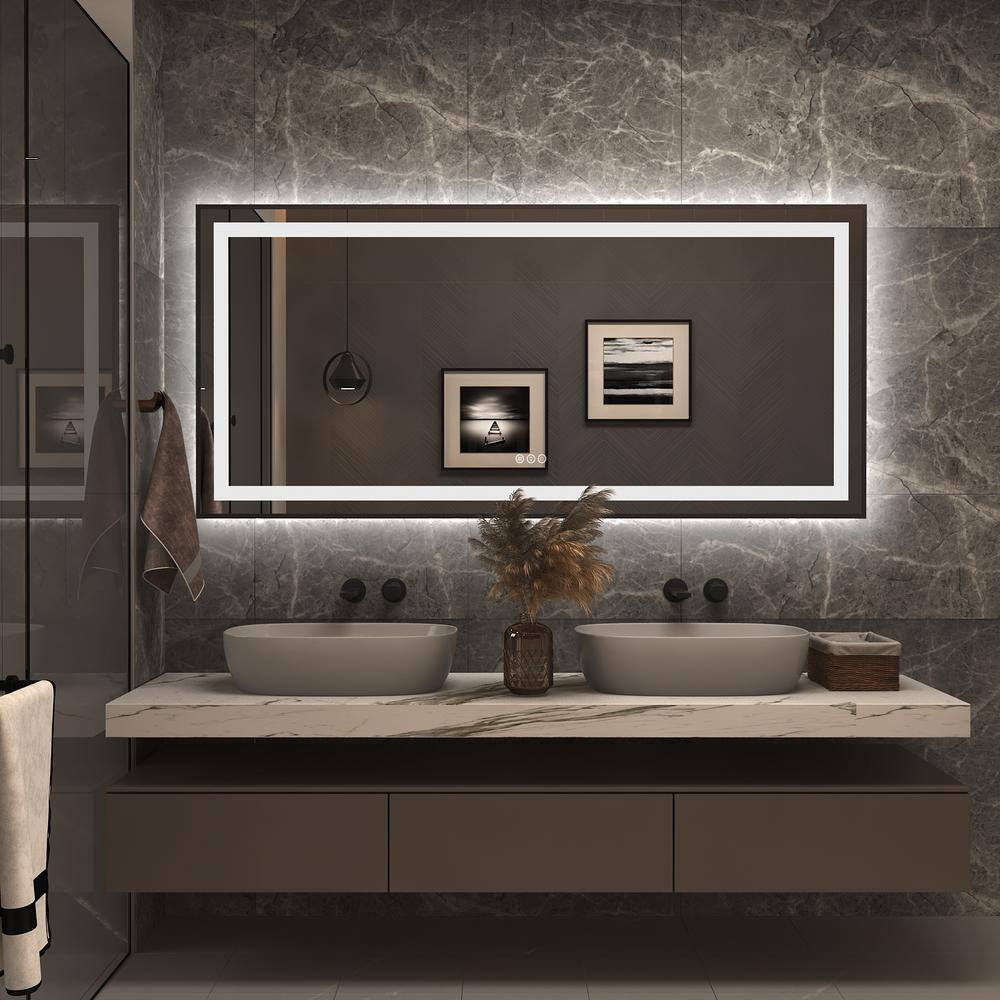 Matte Black LED Lighted Anti-Fog Tempered Glass Vanity Mirror, 60" x 28"