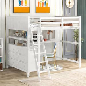 Full Size Loft Bed with Drawers and Desk, Wooden Loft Bed with Shelves - White