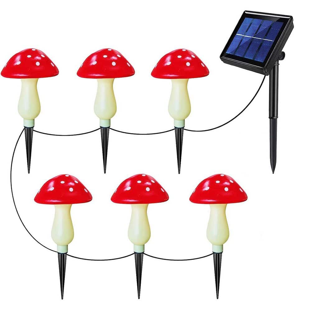 Red Plastic Solar Outdoor Mushroom Lights 6-Pack