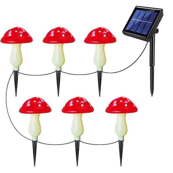 Red Plastic Solar Outdoor Mushroom Lights 6-Pack