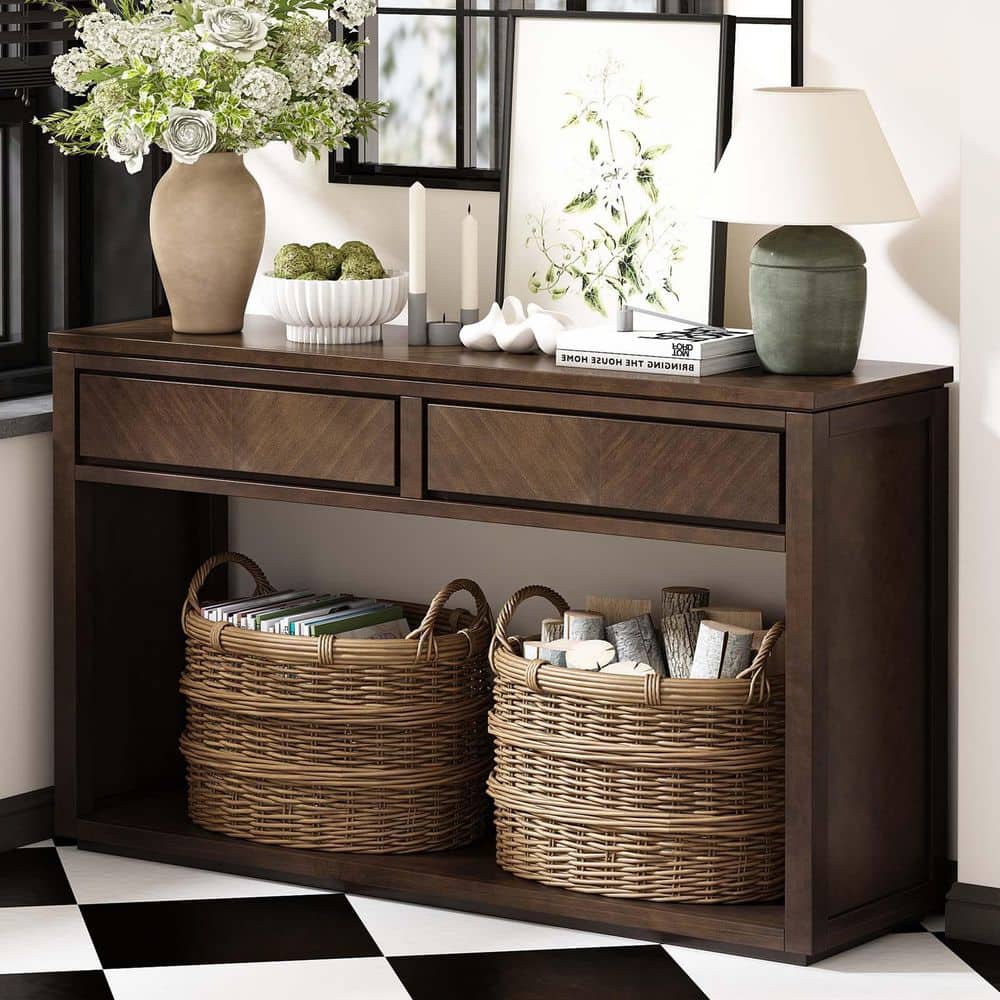 55 in. Brown Rectangle MDF Console Table Rustic Wooden Entryway Table Couch