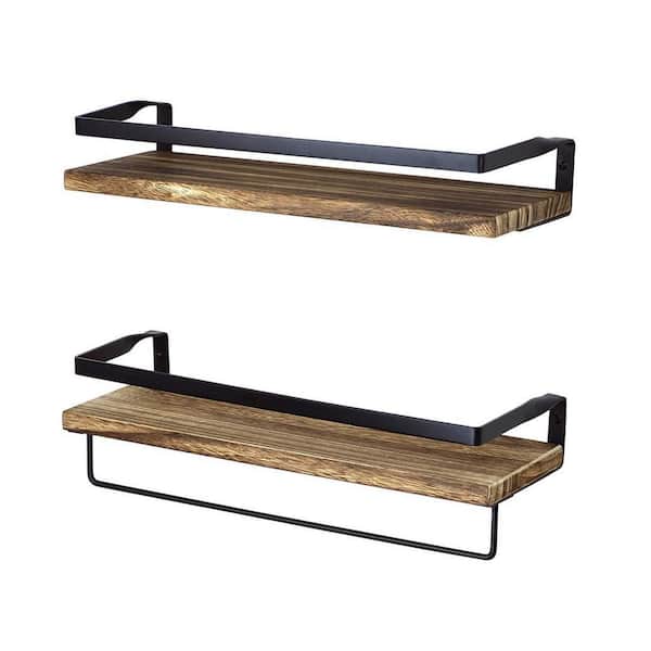 Cubilan 5.5 in. x 16.75 in. x 2.75 in. Rustic Brown Wood Floating Decorative Wall Shelves with Brackets and Towel Bar