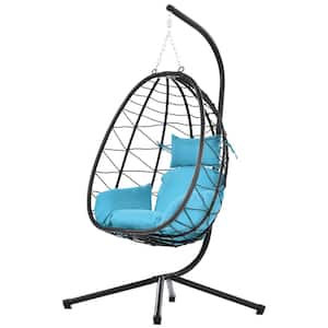 Modern Metal Outdoor Patio Wicker Hanging Swing Chair Hammock Egg Chair With Light Blue Cushions