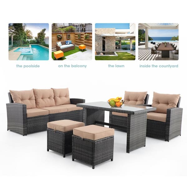 Sunvivi 6 Piece Wicker Patio, Couch Dining Table Outdoor