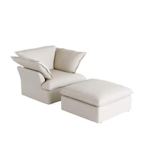 Linen Arm Chair with Ottoman and Pillow in Beige