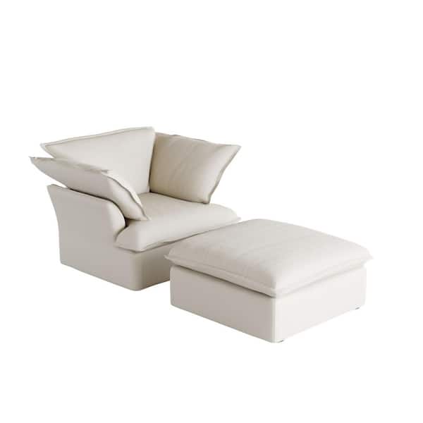 J&E Home Linen Arm Chair with Ottoman and Pillow in Beige
