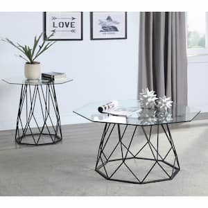 Mysen 24 in. Sand Black Powder Coating Octagon Glass Top End Table