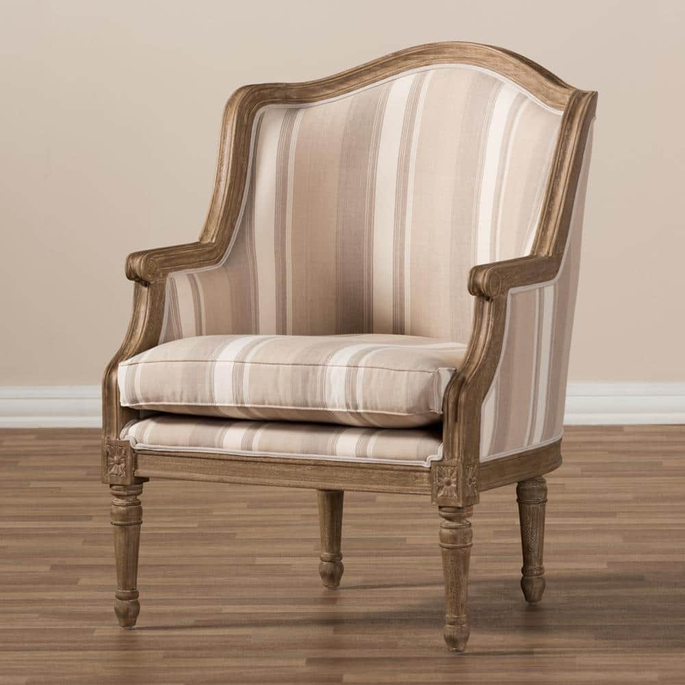 Classic French Oak Accent Chair with Brown Striped Cushion