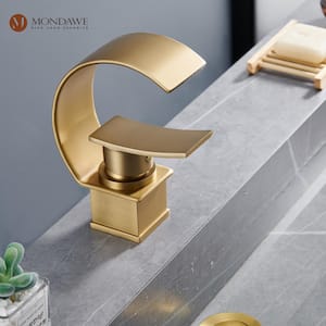 Luxury C Waterfall Single Lever Handle Arc Spout Single-Hole Bathroom Sink Faucet with Pop-up Drain in Brushed Gold
