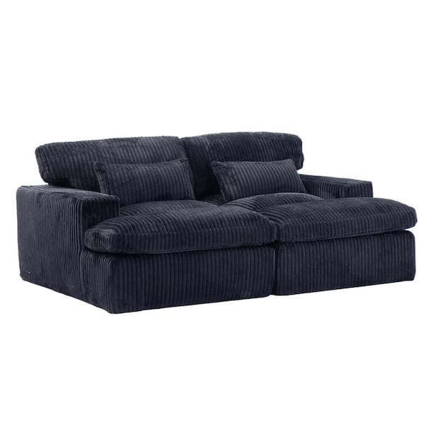 82.68 in. W Square Arm Corduroy Square Sectional Sofa in. Black with Compressed, Chaise Loveseat, No Assembly Required