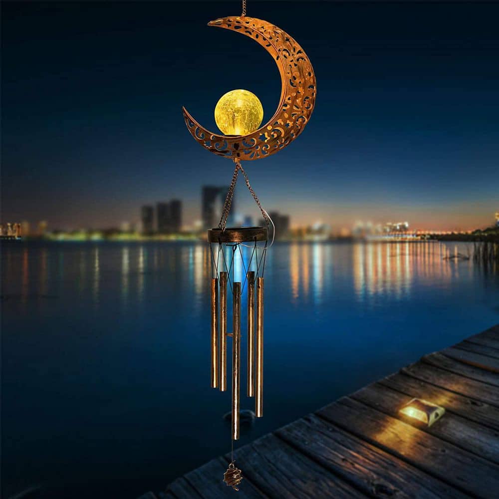 Large Brass Moon Solar Wind Chimes with LED Lights