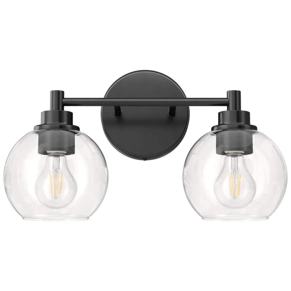 Merra 14.6 in. 2-Light Matte Black Vanity Light with Clear Glass Shade ...