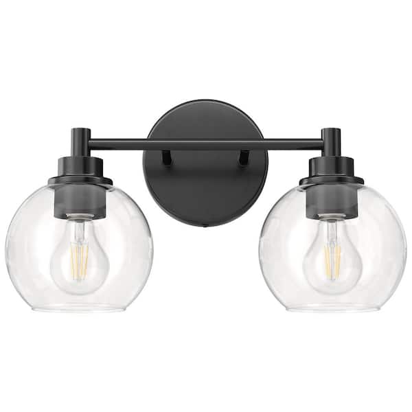 Merra 14.6 in. 2-Light Matte Black Vanity Light with Clear Glass Shade E26 Sockets for Bathroom Bedroom Hallway Living Room