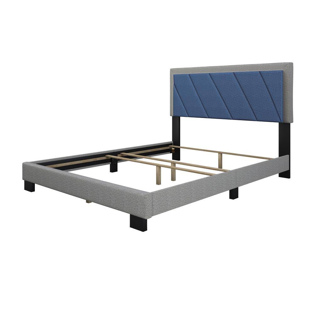 Full Blue Linen Upholstered Platform Bed with Tufted Headboard