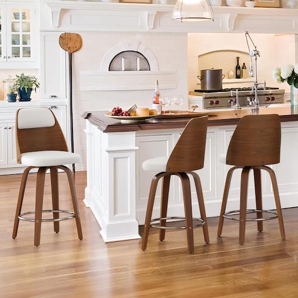 Unbranded Edward 26 in. White Faux Leather Swivel Bar Stool Solid Wood Walnut Frame Counter Height Bar Stool (Set of 3)