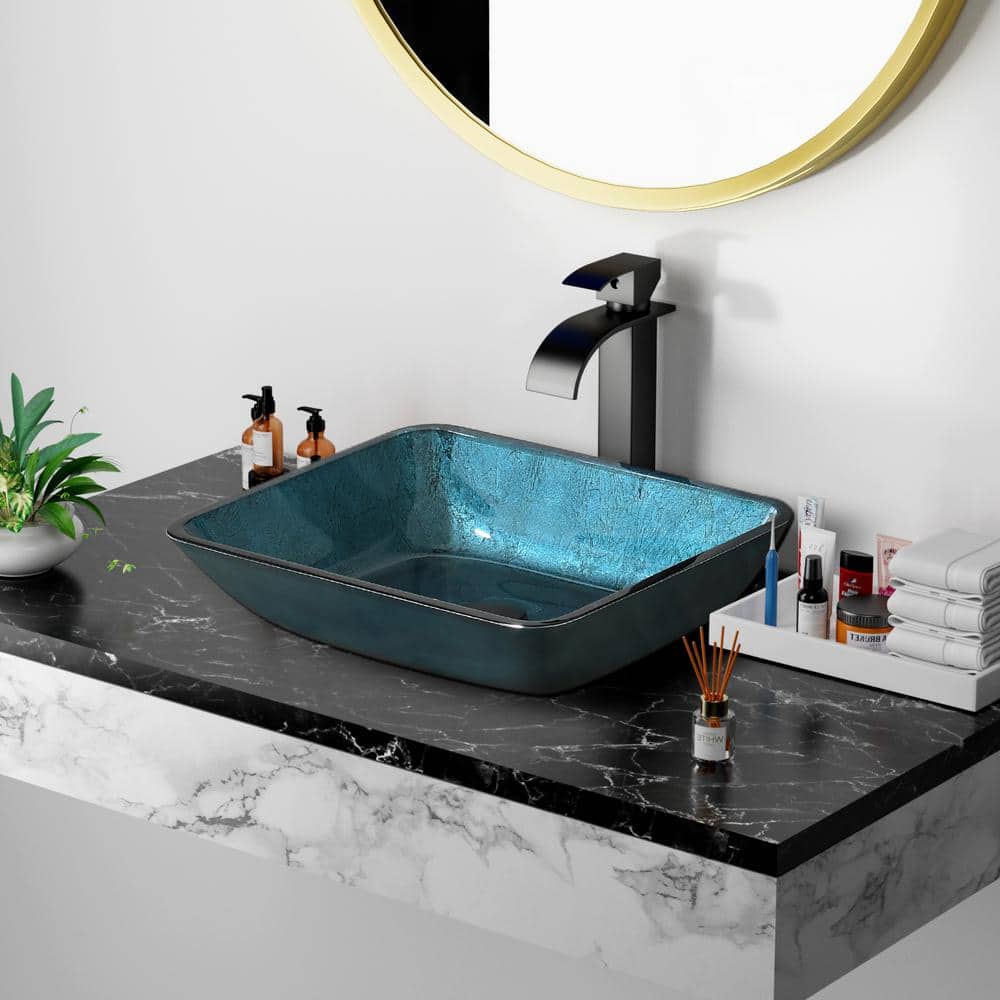 HBEZON Proteus Blue Tempered Glass Rectangular Vessel Sink with Faucet and Pop Up Drain RS