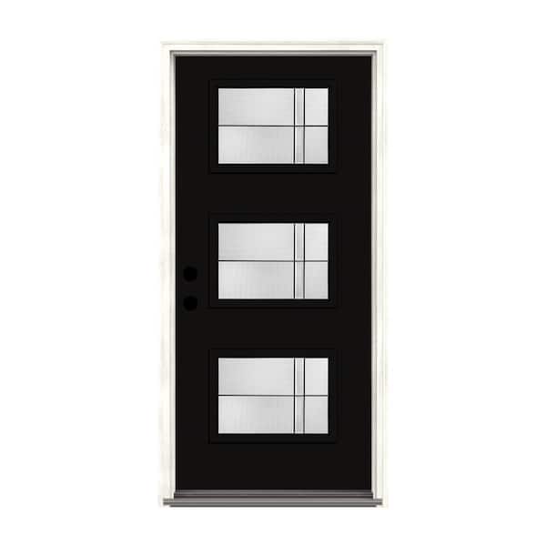THERMA-TRU 36 in. x 80 in. Right-Hand/Inswing 3 Lite Axis Decorative Onyx Painted Fiberglass Prehung Front Door with 6-9/16" Frame