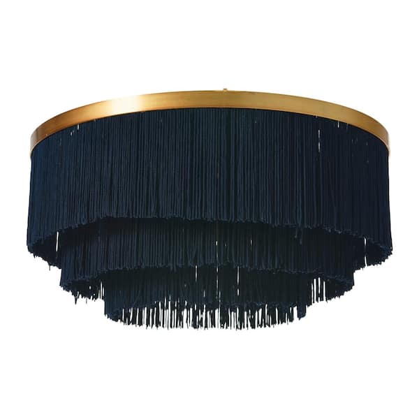 Storied Home 13.75 in. 1-Light Gold Flush Mount with Fringe in Navy Blue