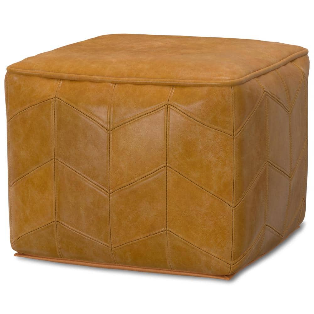 Brown Genuine Leather Chevron Pattern Square Pouf